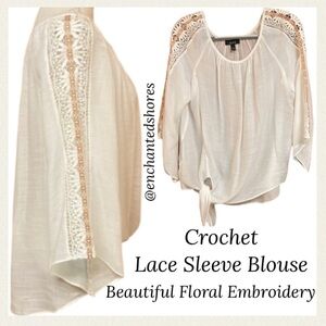 Embroidered Blouse Floral Lace Gauze Tie Hem Cream Ivory Off White Size Medium